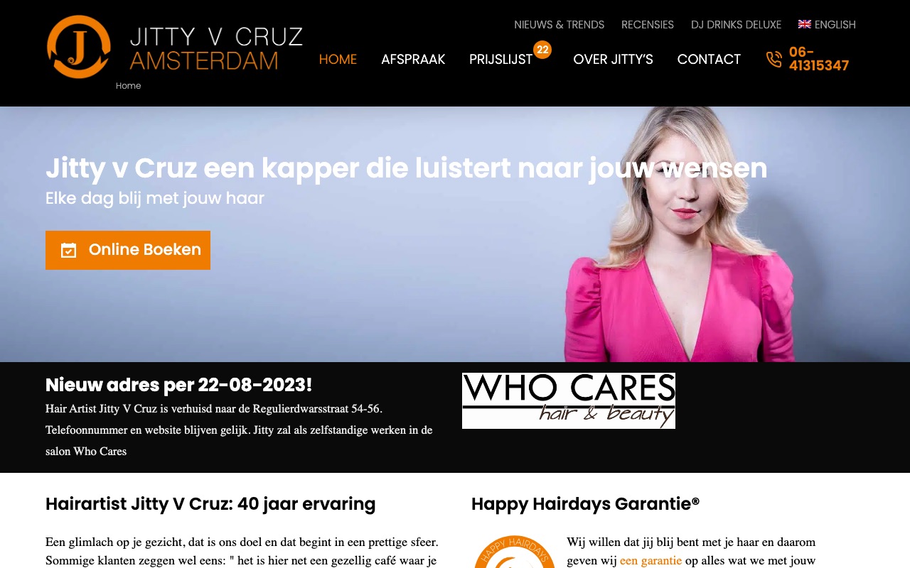 Screenshot van de bestaande, verouderde website van een Amsterdamse salon